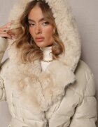 ann gissy Jachetă Bej Matlasată Lungă Palton din imitație de piele cu blană Flechie