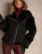 ann gissy Jachetă biker neagră căptușită cu blană și închidere asimetrică Lioyana