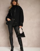 ann gissy Jachetă de blană neagră cu croi oversize cu guler înalt și curea și cataramă Toriara