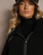 ann gissy Jachetă de blană neagră cu croi oversize cu guler înalt și curea și cataramă Toriara