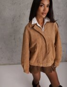 ann gissy Jachetă de tranziție în stil vintage din imitație de piele întoarsă cu guler clasic și buzunare Resch Bej închis