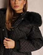 ann gissy Jachetă Neagră cu Glugă de Blană și Matlasare Fină Obtashe