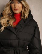 ann gissy Jachetă Neagră cu matlasare și cu glugă închisă cu capse și cu cordon în talie Tiliola