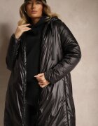 ann gissy Jachetă Neagră Lungă cu Croială Dreaptă cu Glugă Șnururi și Buzunare Salenith
