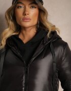 ann gissy Jachetă Neagră Lungă cu Croială Dreaptă cu Glugă Șnururi și Buzunare Salenith