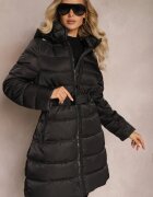 ann gissy Jachetă Palton Negră cu Matlasare Orizontală și Curea în Talie Nondra