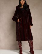 ann gissy Palton de blană Bordo cu glugă Decorat cu model vertical Elrinrahne