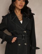 ann gissy Palton Negru cu Bumbac Tip Trenci cu Inserții din Denim Felsedi