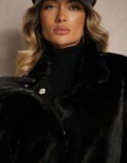ann gissy Palton Negru din blană cu croială simplă cu guler înalt și buzunare Saliratia
