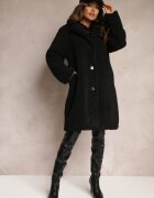 ann gissy Paltou Negru Oversize din Blană Plușată cu Căciulă Jillo