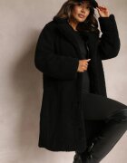 ann gissy Paltou Negru Oversize din Blană Plușată cu Căciulă Jillo