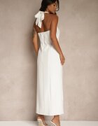 ann gissy Rochie Albă din Viscoză cu Decolteu Halter și Broșă Decorativă Naliannae