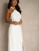 ann gissy Rochie Albă din Viscoză cu Decolteu Halter și Broșă Decorativă Naliannae