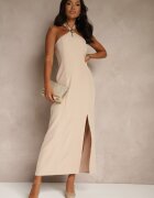 ann gissy Rochie Bej din Vâscoză cu Decolteu Halter și Broșă Decorativă Naliannae