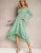 ann gissy Rochie Evazată Verde Midi cu Plasă Croială Asimetrică Fovita
