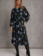 ann gissy Rochie Midi Negru-Albastră Florală cu croi evazat și mâneci liliac Jervia