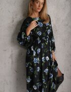 ann gissy Rochie Midi Negru-Albastră Florală cu croi evazat și mâneci liliac Jervia