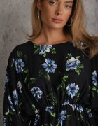 ann gissy Rochie Midi Negru-Albastră Florală cu croi evazat și mâneci liliac Jervia