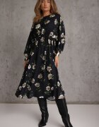 ann gissy Rochie Midi Negru-Bej Florală cu Croială Cloș cu Mâneci Liliac Jervia