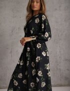 ann gissy Rochie Midi Negru-Bej Florală cu Croială Cloș cu Mâneci Liliac Jervia