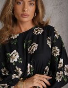 ann gissy Rochie Midi Negru-Bej Florală cu Croială Cloș cu Mâneci Liliac Jervia