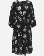 ann gissy Rochie Midi Negru-Bej Florală cu Croială Cloș cu Mâneci Liliac Jervia