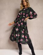 ann gissy Rochie Midi Negru-Roz cu imprimeu floral croi evazat și mâneci liliac Jervia