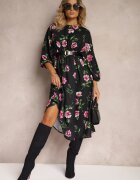 ann gissy Rochie Midi Negru-Roz cu imprimeu floral croi evazat și mâneci liliac Jervia
