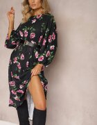ann gissy Rochie Midi Negru-Roz cu imprimeu floral croi evazat și mâneci liliac Jervia
