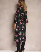 ann gissy Rochie Midi Negru-Roz cu imprimeu floral croi evazat și mâneci liliac Jervia