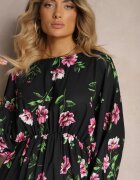 ann gissy Rochie Midi Negru-Roz cu imprimeu floral croi evazat și mâneci liliac Jervia