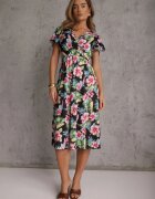 ann gissy Rochie petrecută cu vâscoză și elastic în talie cu flori tropicale Chionobe Neagră