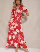 ann gissy Rochie Roșie Petrecută cu Imprimeu Floral și Volan Tdivona