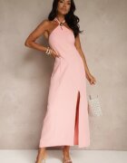 ann gissy Rochie Roz cu Vâscoză cu Decolteu Halter și Broșă Decorativă Naliannae