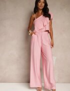 ann gissy Set Roz din Viscoză Top cu Volan pe un Umăr și Pantaloni Wide Leg Nirellea