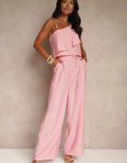 ann gissy Set Roz din Viscoză Top cu Volan pe un Umăr și Pantaloni Wide Leg Nirellea
