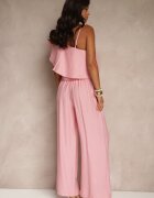 ann gissy Set Roz din Viscoză Top cu Volan pe un Umăr și Pantaloni Wide Leg Nirellea