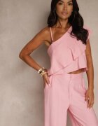 ann gissy Set Roz din Viscoză Top cu Volan pe un Umăr și Pantaloni Wide Leg Nirellea