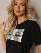 ann gissy Tricou Negru din Bumbac Decorat cu Imprimeu pe Partea din Față Katrielle