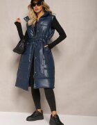 ann gissy Vestă Bleumarin Matlasată din Piele Ecologică cu Croială Lungă cu Cureaua Atirit
