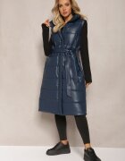 ann gissy Vestă Bleumarin Matlasată din Piele Ecologică cu Croială Lungă cu Cureaua Atirit