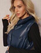 ann gissy Vestă Bleumarin Matlasată din Piele Ecologică cu Croială Lungă cu Cureaua Atirit