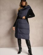 ann gissy Vestă lungă bleumarin din material matlasat cu croială petrecută cu glugă și curea Nerietta