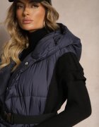 ann gissy Vestă lungă bleumarin din material matlasat cu croială petrecută cu glugă și curea Nerietta