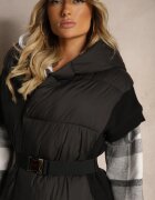 ann gissy Vestă lungă neagră din material matlasat cu croială petrecută cu glugă și curea Nerietta