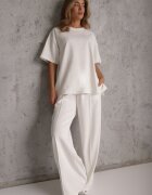  Ansamblu Alb din Bumbac Pantaloni Largi Drepți cu elastic în talie Bluză cu Decupaje Vimarases