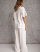  Ansamblu Alb din Bumbac Pantaloni Largi Drepți cu elastic în talie Bluză cu Decupaje Vimarases