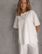  Ansamblu Alb din Bumbac Pantaloni Largi Drepți cu elastic în talie Bluză cu Decupaje Vimarases