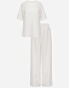  Ansamblu Alb din Bumbac Pantaloni Largi Drepți cu elastic în talie Bluză cu Decupaje Vimarases