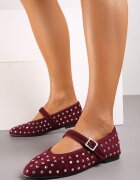  Balerini Bordeaux din piele întoarsă ecologică cu închidere cu cataramă decorate cu zirconii Daisanna